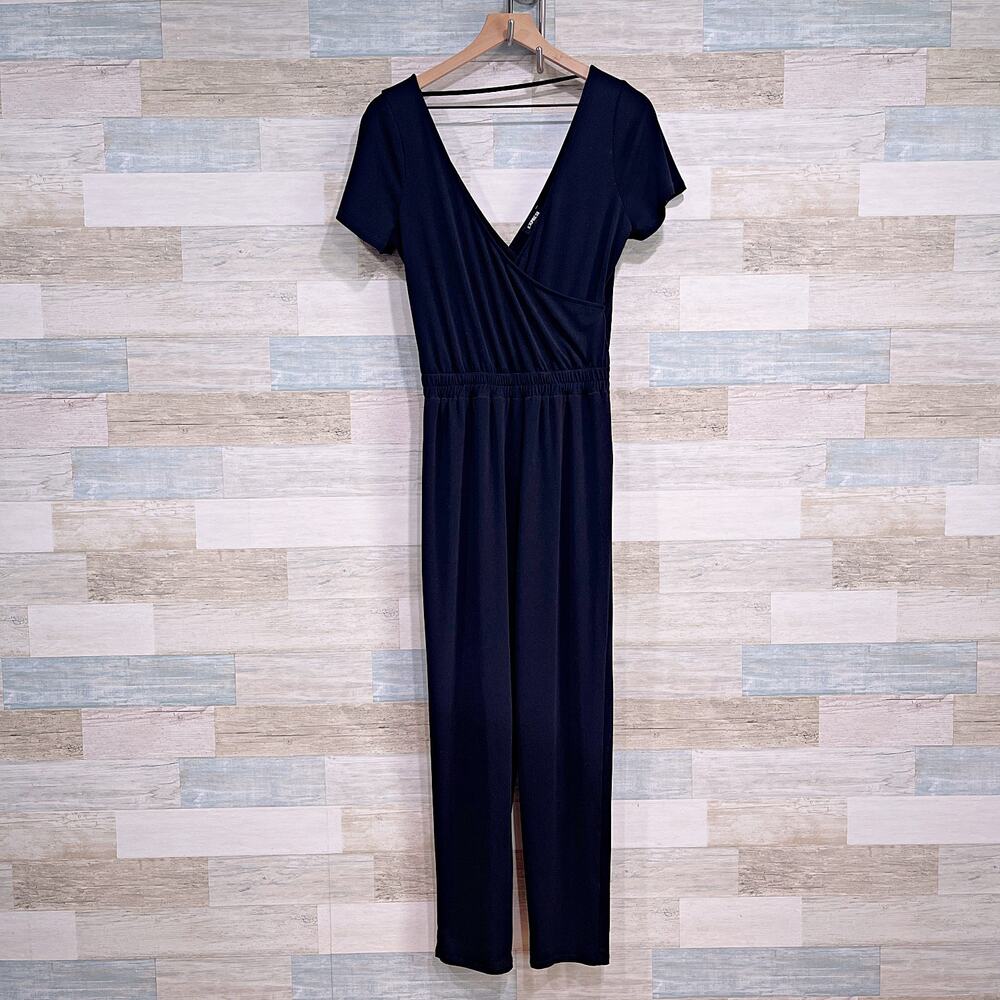 Express Surplice Cinch Waist Jumpsuit Black Short Sleeve Jersey Womens Small